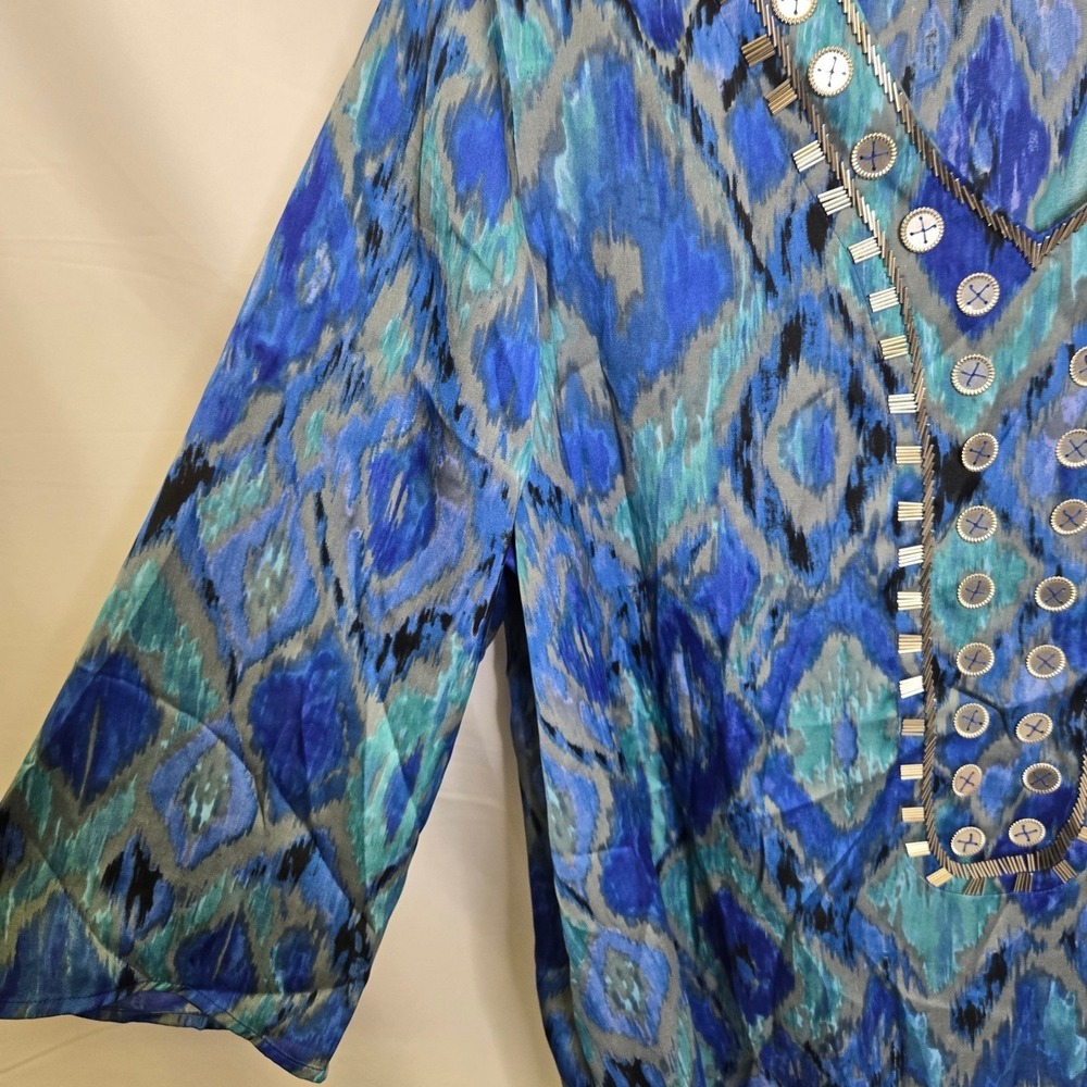 Chico's Ikat Printed Sequin Embellished Tunic Top Boho Hippie Blue Size 3‎ XL - Picture 7 of 11